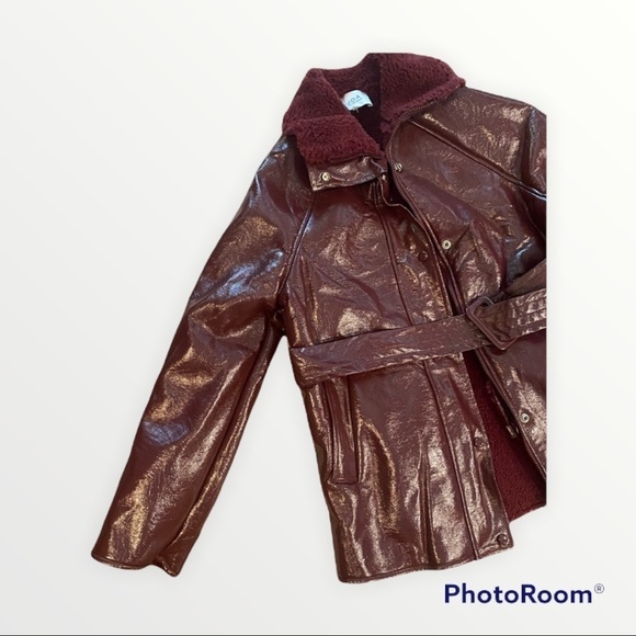 NEW J.O.A. x REVOLVE Red Patent Leather Belted Fleece Lined Jacket, Size XS - Picture 7 of 8